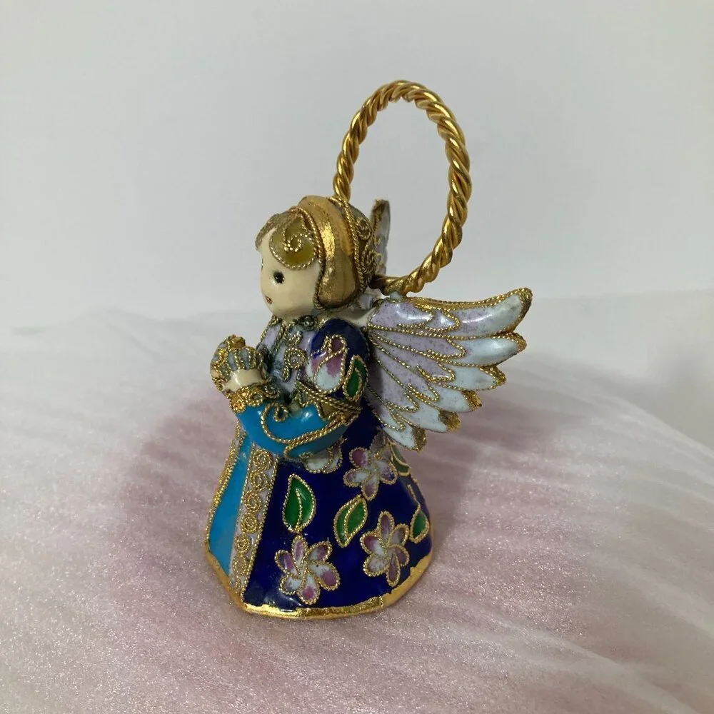 Vintage Alsan Victorian Enamel Cloissone Angel Bell Christmas Ornament 3